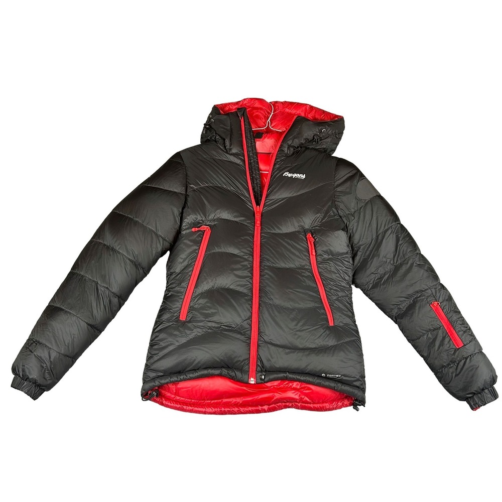 GUC Bergans of Norway Pertex Down Puffer Jacket Black Red Womens Hooded Parka L